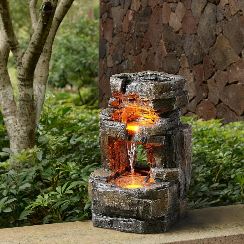 Kalona Outdoor Waterfall Fountain with LED Lights - 3-Tier Resin Rock Water Feature for Garden Patio Backyard, 21.5' Tall Fountain Decor 24392