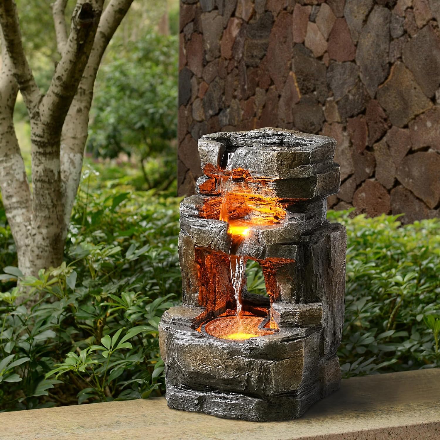 Kalona Outdoor Waterfall Fountain with LED Lights - 3-Tier Resin Rock Water Feature for Garden Patio Backyard, 21.5' Tall Fountain Decor 24392