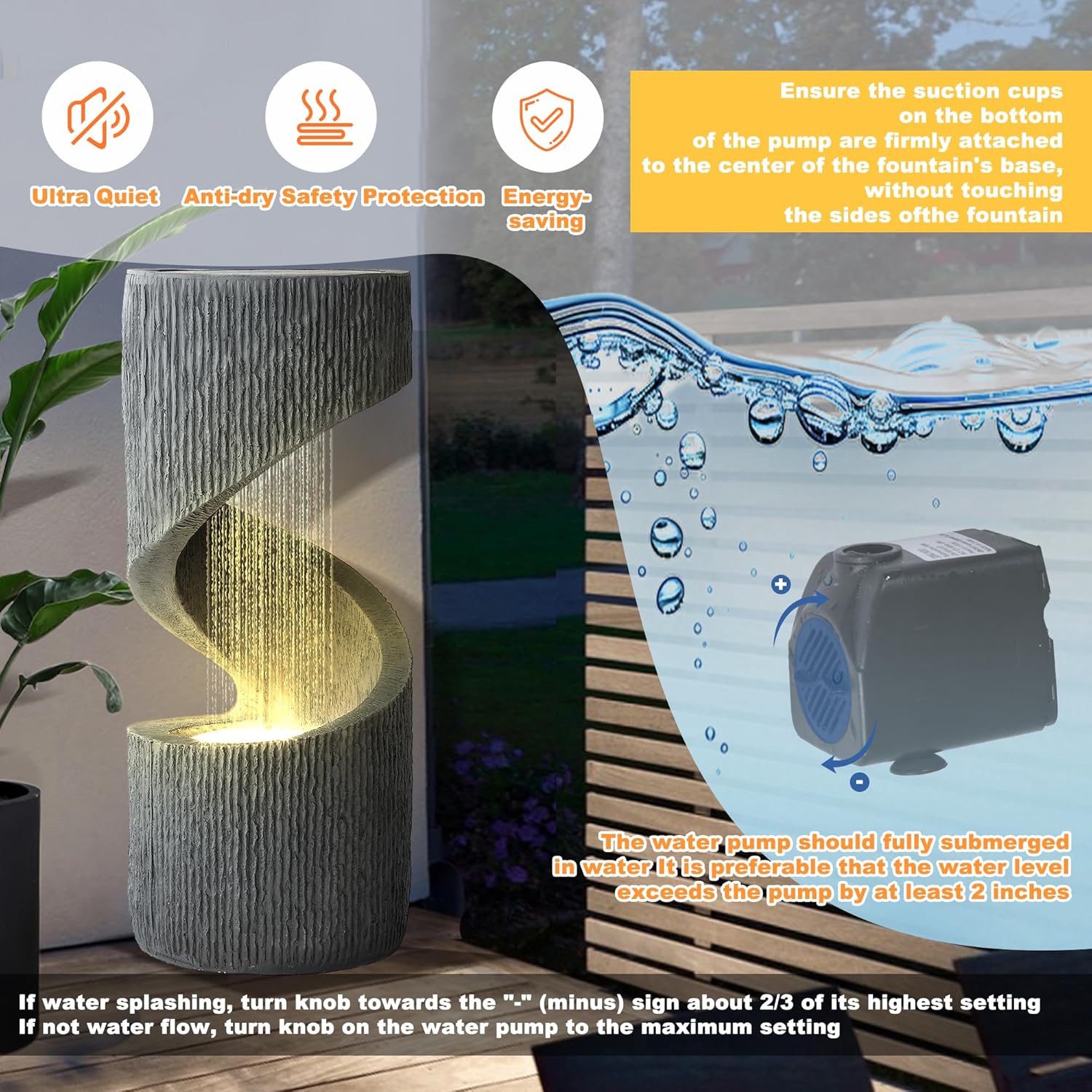 MAGIC UNION Outdoor S-Shaped Water Fountain, Spiral Waterfall Indoor Fountain Outside Garden Decor with LED Lights & Pump, Curved Patio Resin Fountains for Yard, Deck, Porch and Home Decorations