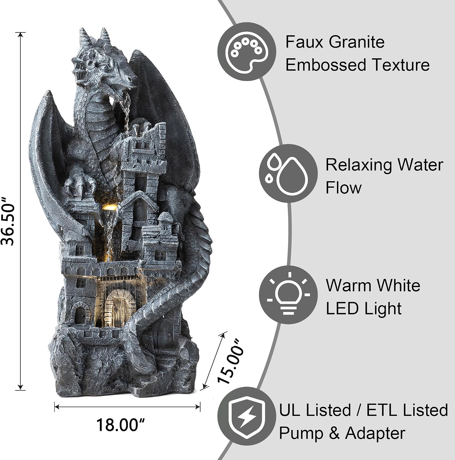 Glitzhome 4-Tiered Cascading Outdoor Water Fountain for Garden Patio Yard Mystical Gothic Dragon Water Fountains Outdoor with LED Lights & Pump, Large Floor Stand Fountain Dragon Waterfalls 36.5' H