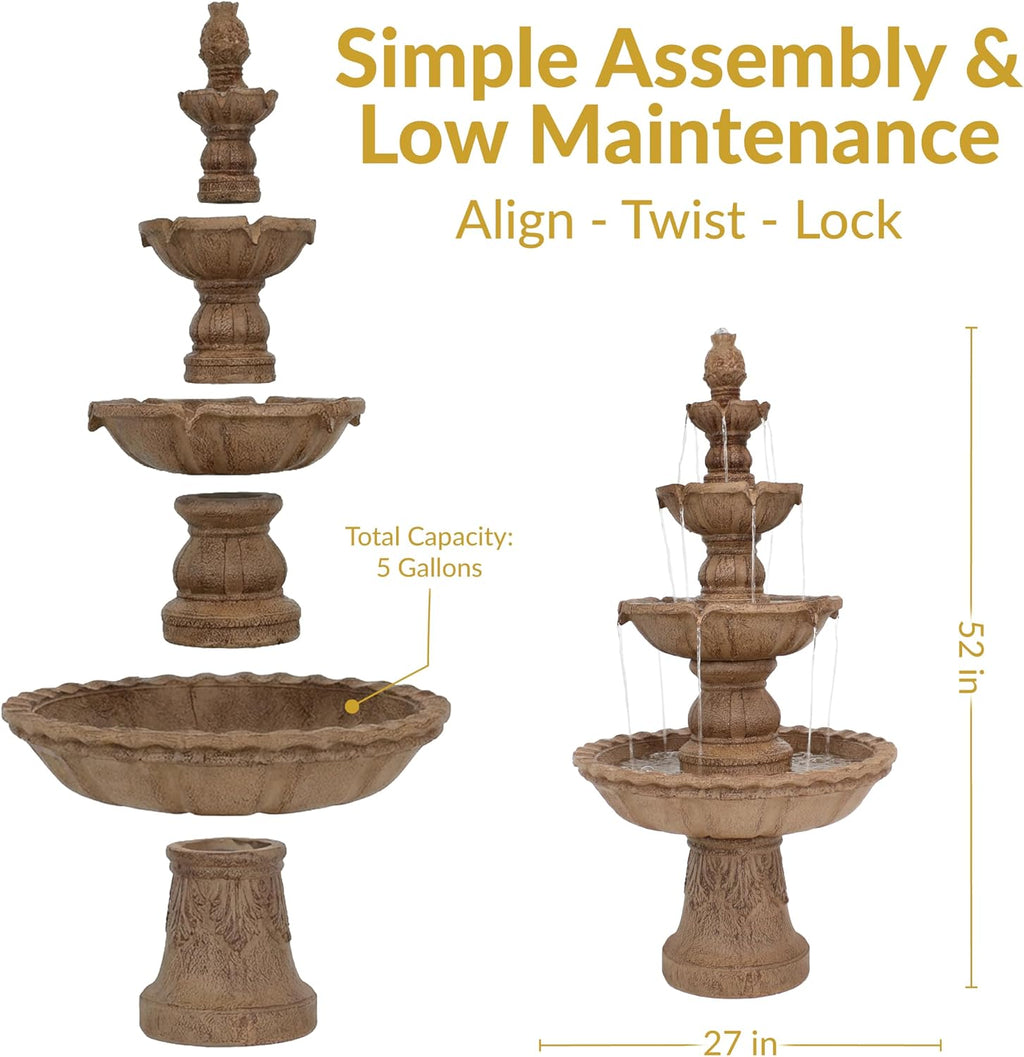 Sunnydaze Pineapple 52-Inch 4-Tier Outdoor Water Fountain - Tall Outdoor Fountain for Garden, Patio or Yard - Earth
