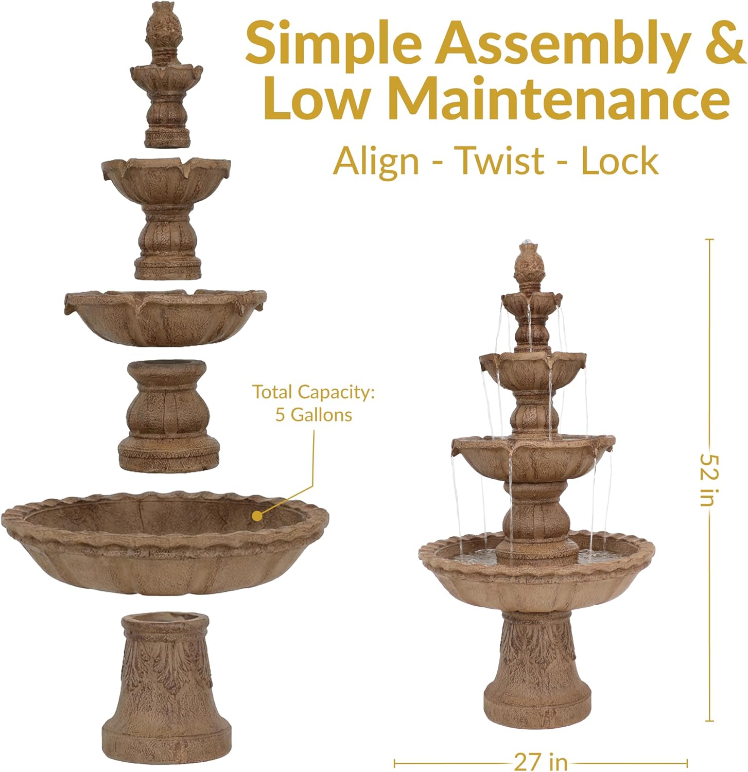 Sunnydaze Pineapple 52-Inch 4-Tier Outdoor Water Fountain - Tall Outdoor Fountain for Garden, Patio or Yard - Earth