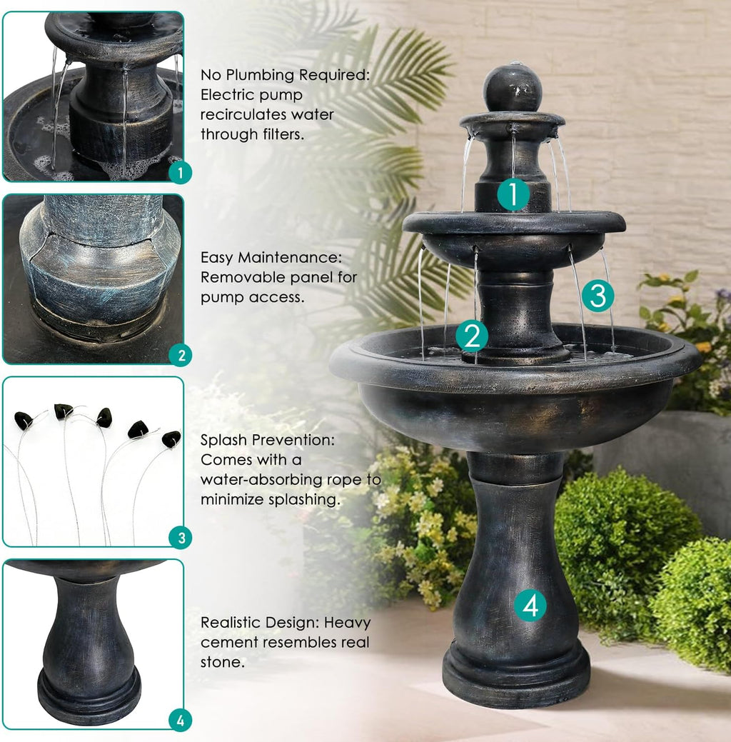 SunJet 45.2' High 3-Tiers Modern Concrete Outdoor Water Fountain - Round Large Outdoor Fountains and Waterfalls for Garden, Patio, Yard, and Deck Decor, Featuring Natural Stone Look (Black, 45.2inch)