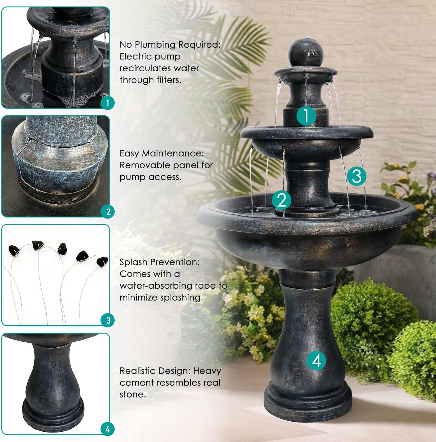SunJet 45.2' High 3-Tiers Modern Concrete Outdoor Water Fountain - Round Large Outdoor Fountains and Waterfalls for Garden, Patio, Yard, and Deck Decor, Featuring Natural Stone Look (Black, 45.2inch)