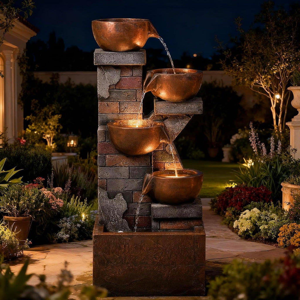 5 Tiers Water Fountain Outdoor Garden - 33.5' H Shape K Indoor Waterfall Fountain with LED Lights for Patio, Balconies, Lawns, Deck, Porch Backyard and Home Art Decor