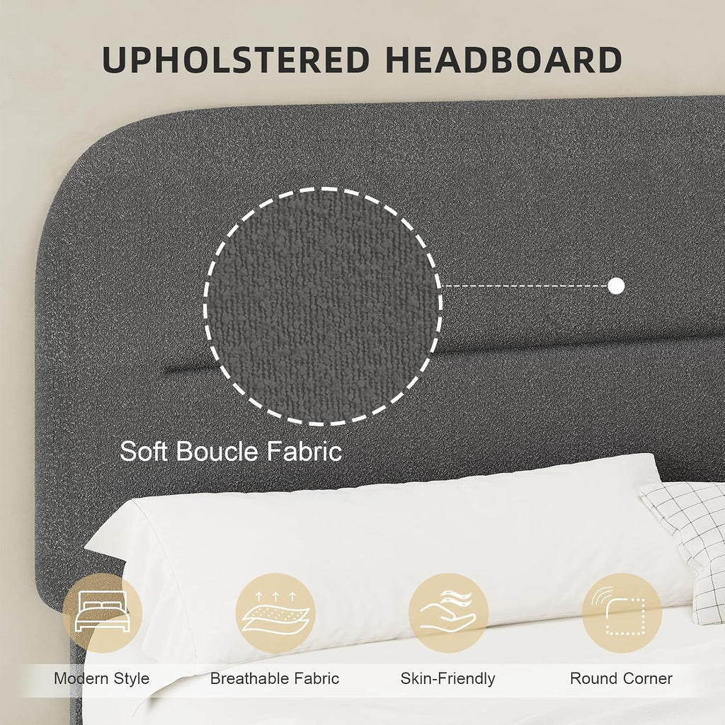 HOMBCK Queen Bed Frame with Headboard, Boucle Upholstered Soft Platform Bed Frame Queen Size with Thickened Footboard, Rounded Corners Design, No Box Spring Required, Easy Assembly, Grey