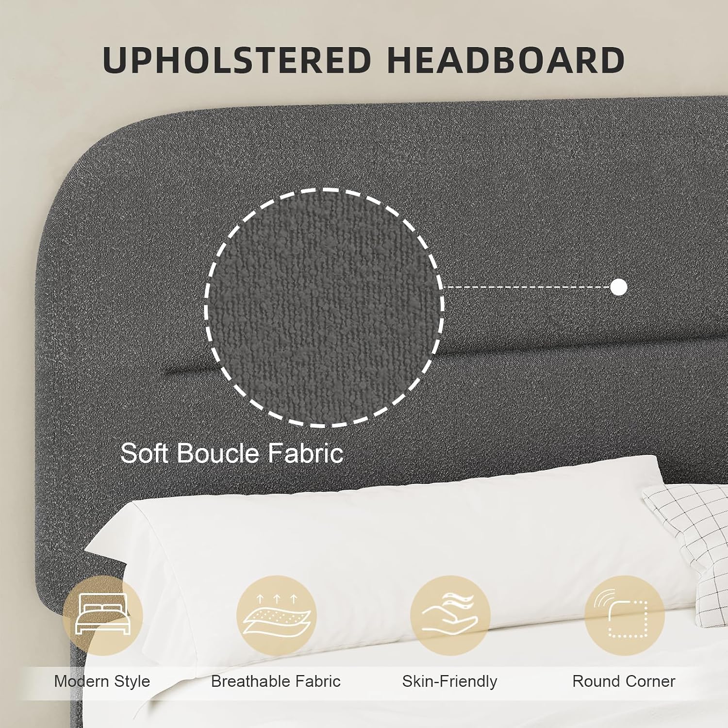 HOMBCK Queen Bed Frame with Headboard, Boucle Upholstered Soft Platform Bed Frame Queen Size with Thickened Footboard, Rounded Corners Design, No Box Spring Required, Easy Assembly, Grey