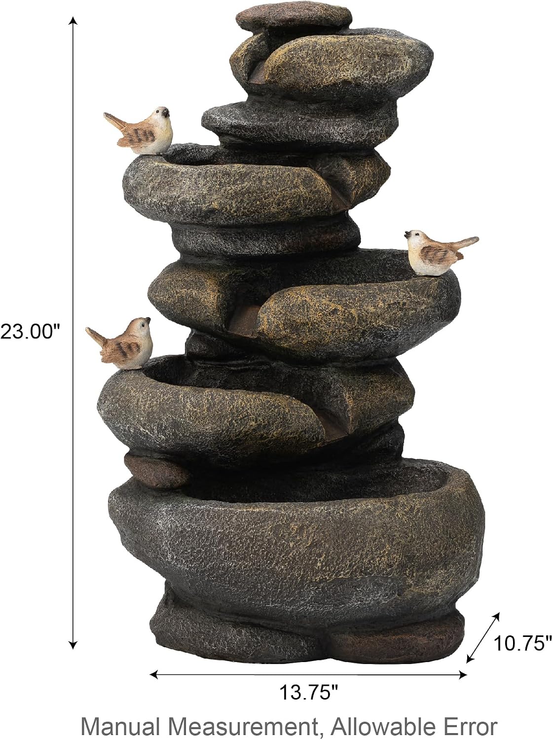 Glitzhome 5-Tier Cascading Rock Outdoor Water Fountain with LED Light & Pump, Natural Stacked Stone Look Water Fountain with Lively Birds for Garden, Patio, Porch, 23'H