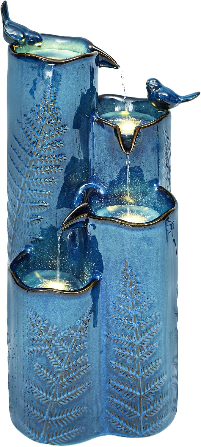 32' H Ceramic Outdoor Water Fountain, 4-Tier Tropical Cascading Waterfall with LED, Turquoise Glaze & Embossed Fern Pattern, Bird-Attracting Water Feature for Garden Patio Yard & Porch Decor