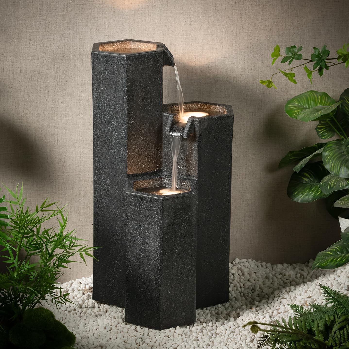 27.95'' H 3-Tiers Cascading Outdoor Water Fountain Made with Eco-Friendly Recyclable Materials, Polyethylene Waterfall Fountain, Outdoor Decor with LED Lights for Patio, Backyard