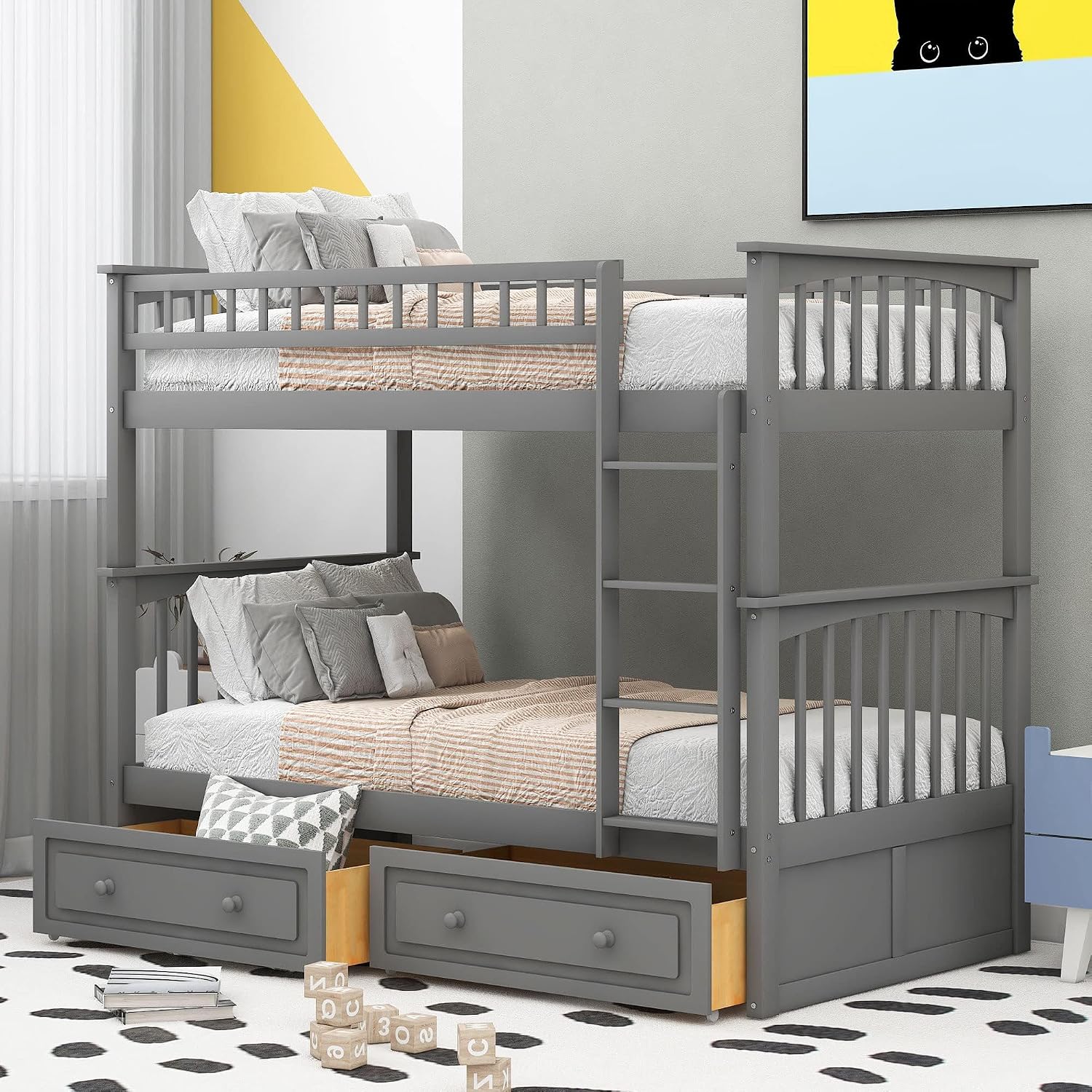 Harper & Bright Convertible Wood Twin-Over-Twin Bunk Bed with Storage Drawers and Ladder - Can Be Divided Into Two Daybeds (Grey)