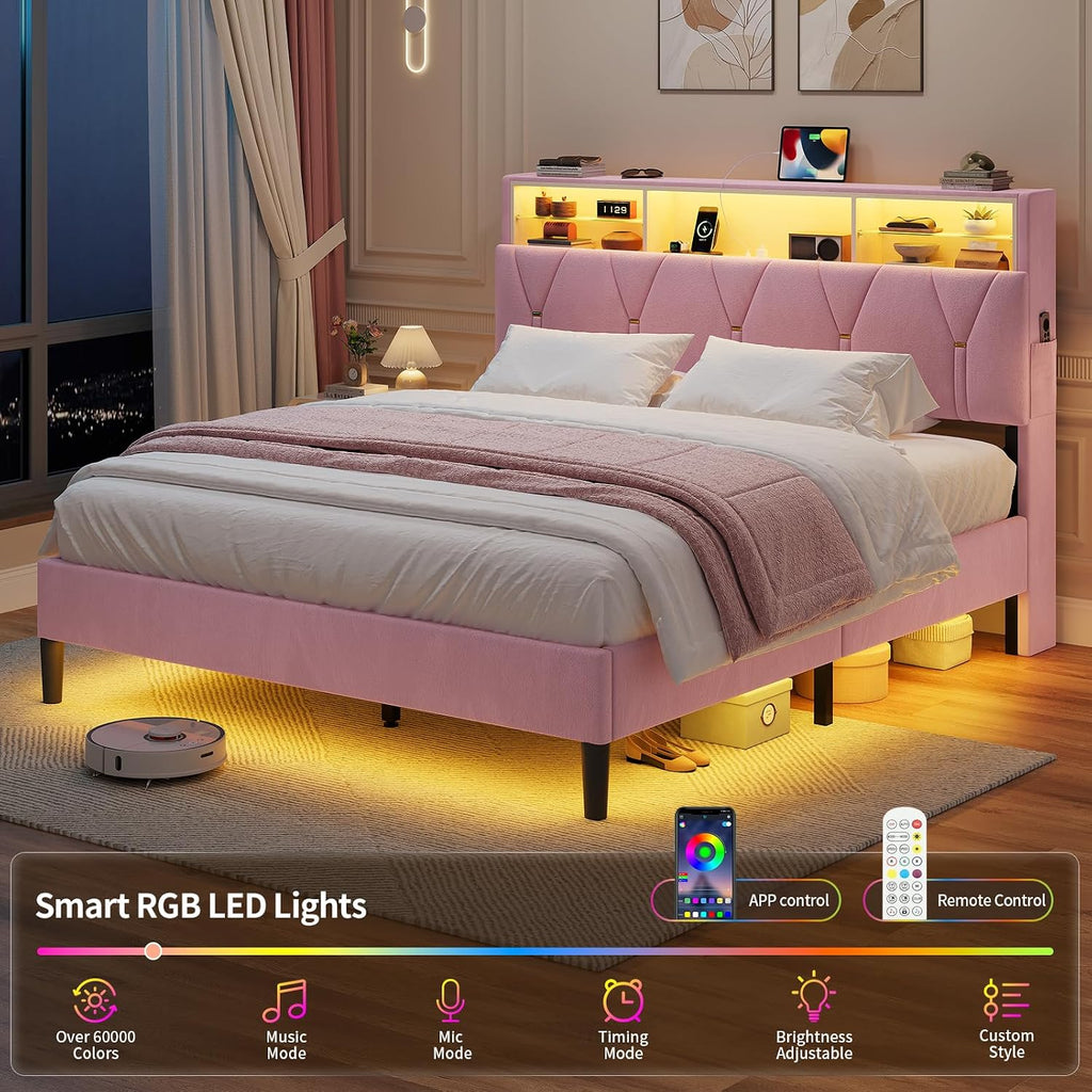 HAUOMS Full Size Bed Frames with Storage Headboard,Power Outlet, Modern Velvet Upholstered Platform Bed LED Bed Frame with 5 Storage Shelves, No Box Spring Needed, Pink