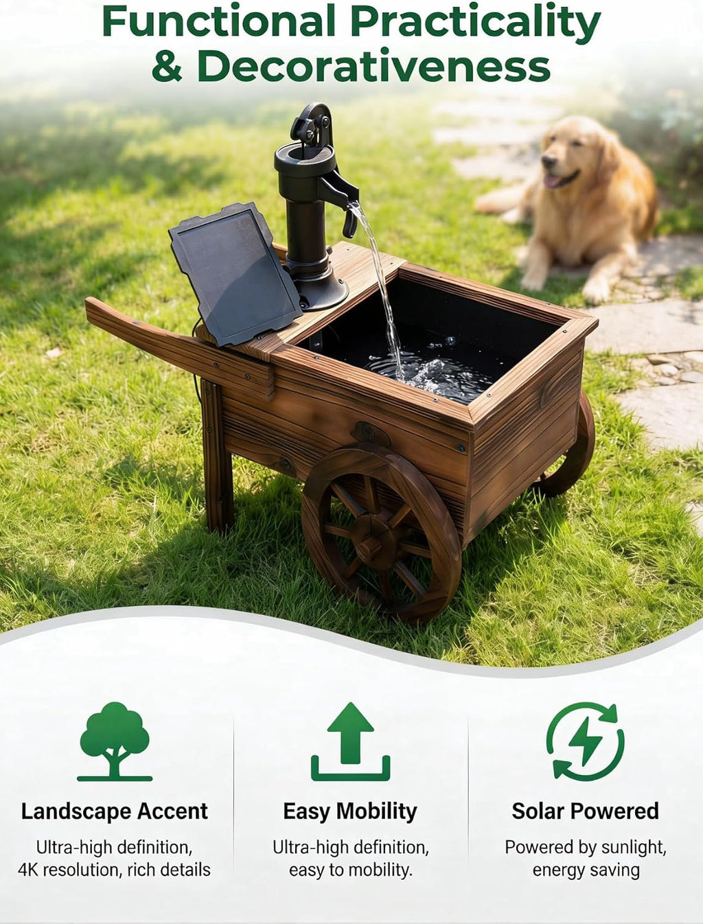 Carbonized Wood Outdoor Freestanding Fountain - Movable Vintage Hand Pump Cart, Solar-Powered Electric Decorative Water Feature for Patio, Garden & Indoor Decoration
