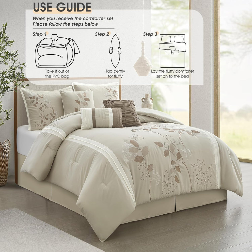 LANCO MODERN LIFESTYLE Beige Queen Comforter Set, 7 Pieces Bed in a Bag, Elegant Floral Leaves Embroidery, Soft and Lightweight All Seasons Bedding Set, Bedskirt, Pillow Shams, Decor Pillows