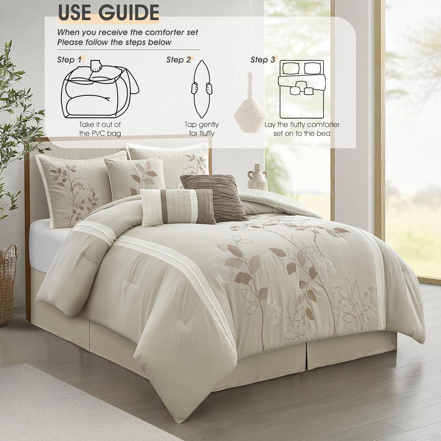 LANCO MODERN LIFESTYLE Beige Queen Comforter Set, 7 Pieces Bed in a Bag, Elegant Floral Leaves Embroidery, Soft and Lightweight All Seasons Bedding Set, Bedskirt, Pillow Shams, Decor Pillows