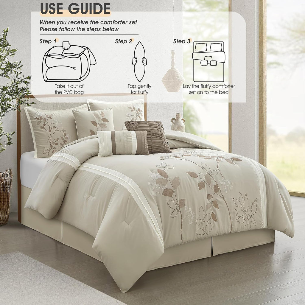 LANCO MODERN LIFESTYLE Beige King Comforter Set, 7 Pieces Bed in a Bag, Elegant Floral Leaves Embroidery, Soft and Lightweight All Seasons Bedding Set, Bedskirt, Pillow Shams, Decor Pillows