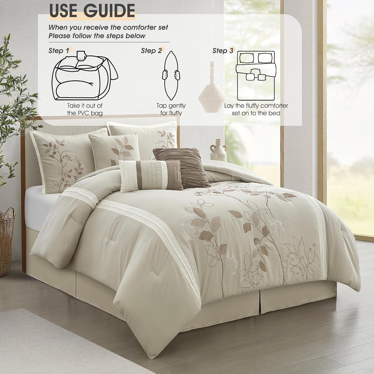LANCO MODERN LIFESTYLE Beige King Comforter Set, 7 Pieces Bed in a Bag, Elegant Floral Leaves Embroidery, Soft and Lightweight All Seasons Bedding Set, Bedskirt, Pillow Shams, Decor Pillows