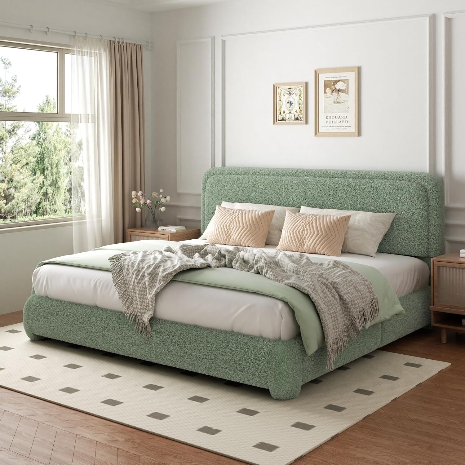 Queen Boucle Platform Bed Frame with Adjustable Headboard, Upholstered Cloud Queen Bed, Anti-Collision Soft Rounded Corners, No Box Spring Needed, Noise Free, Easy Assembly, Green