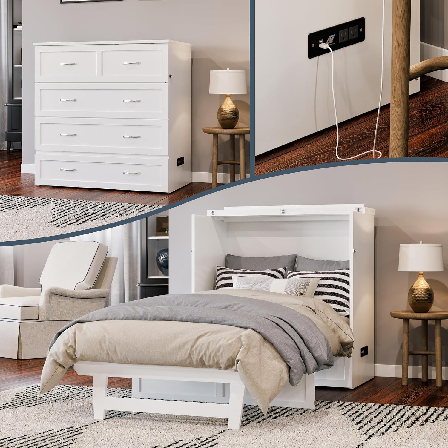 AFI, Northfield Murphy Bed Chest Twin XL with 6' Mattress, Storage Drawer & Built-in USB Charger, White