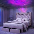 SIBEDS Full LED Bed Frame with Storage Drawers, Velvet Upholstered Platform Beds with Galaxy Star Projector Charging Station Speaker, Aurora Bedframe with 2-Tier Storage Headboard, Noise-Free, Pink