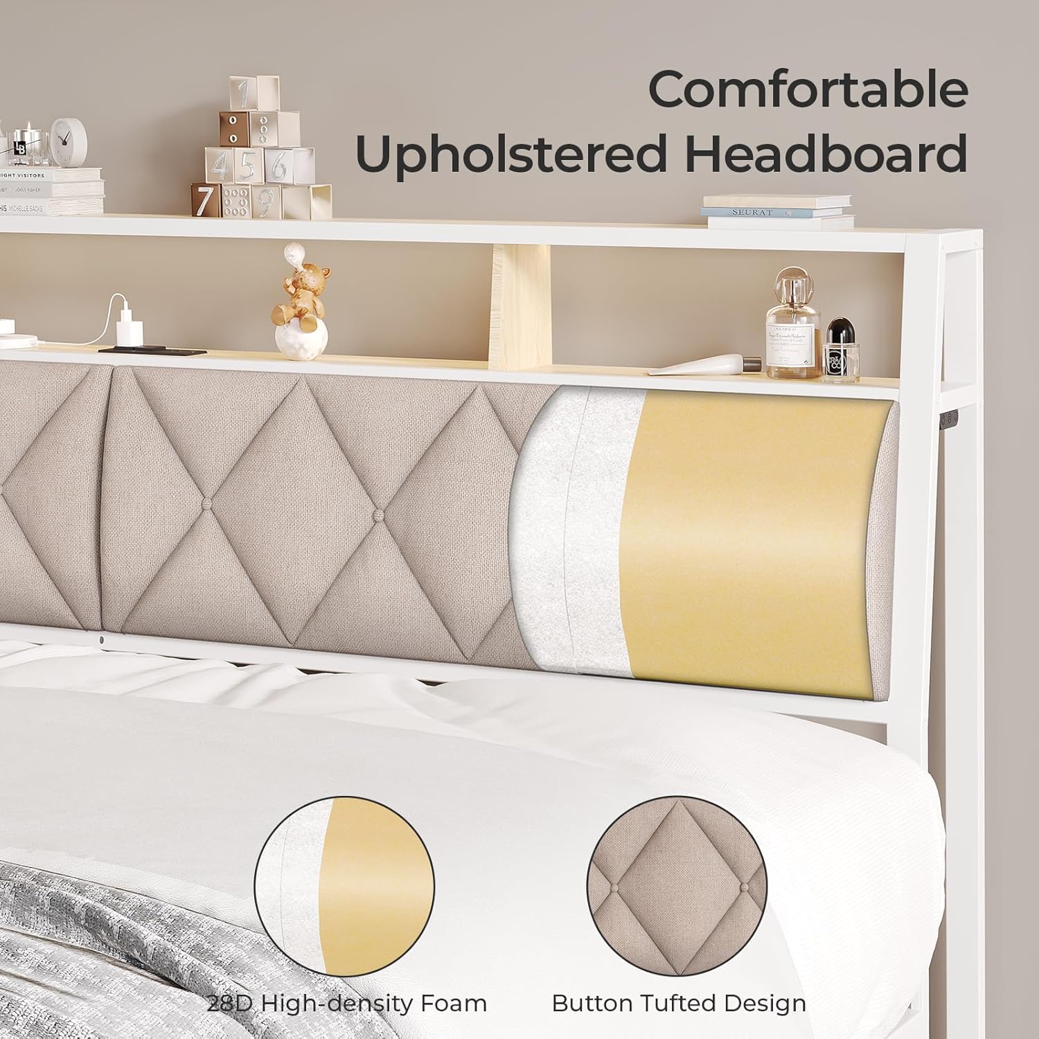 Queen Headboard Only, Headboard for Queen Size Bed with Storage, Upholstered Headboards with LED Lights & Charging Station, Attach Frame, Ideal for Bedroom/Dorm/Guest Room, White & Beige