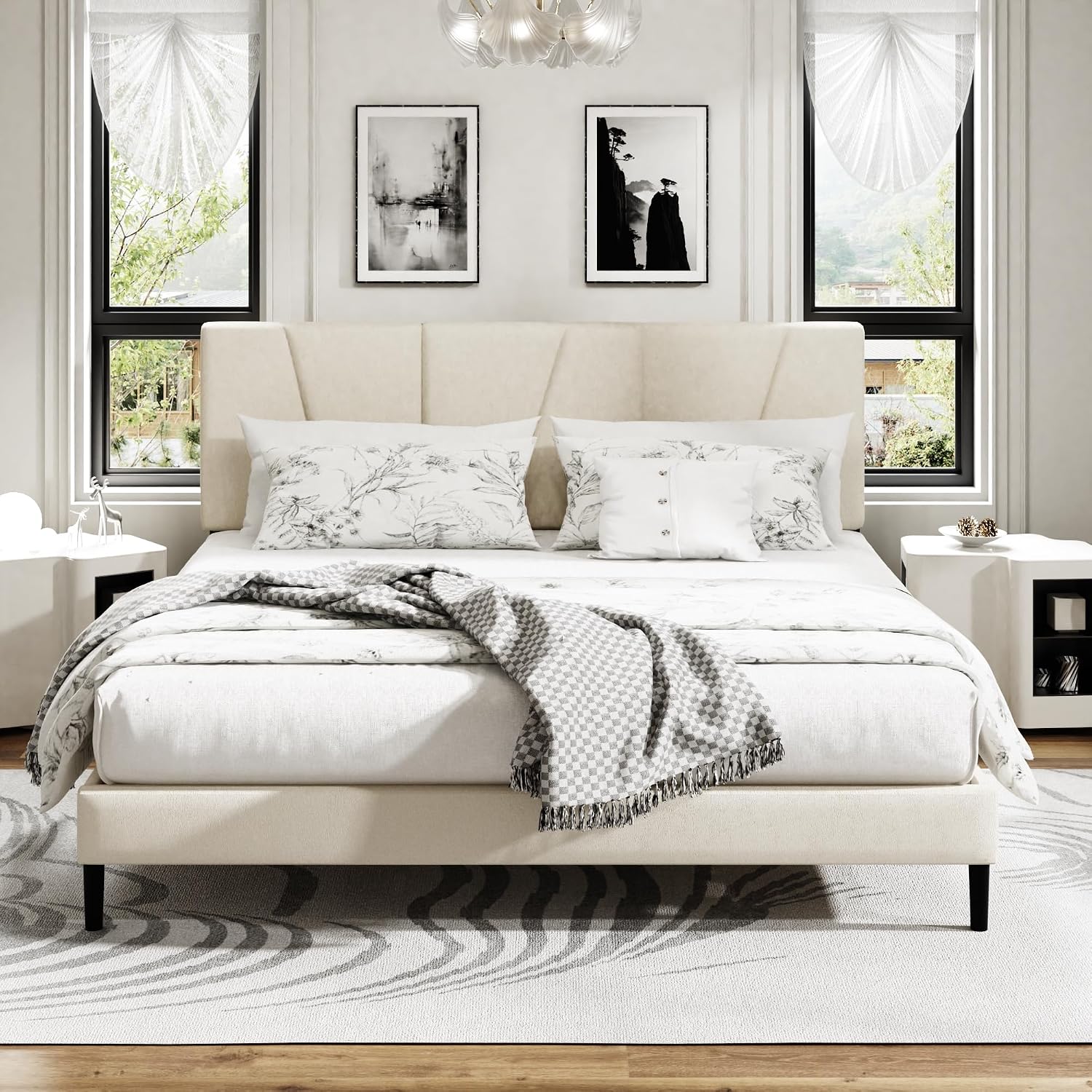 King Size Platform Bed Frame with Upholstered Headboard, Wooden Slats Support, Noise Free, No Box Spring Needed, Easy Assembly, Beige, Velvet