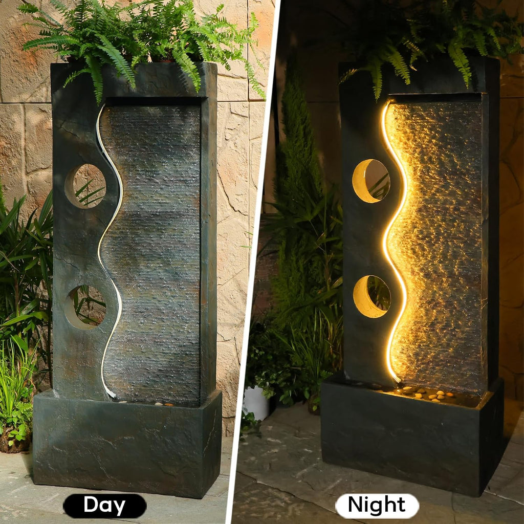 46.8' H Water Fountain Outdoor Water Fall Fountains Indoor Waterfall Modern Fountain with LED Lights Floor-Standing for Outside Garden, Patio, Backyard, Deck, Porch, Landscaping, Balconies