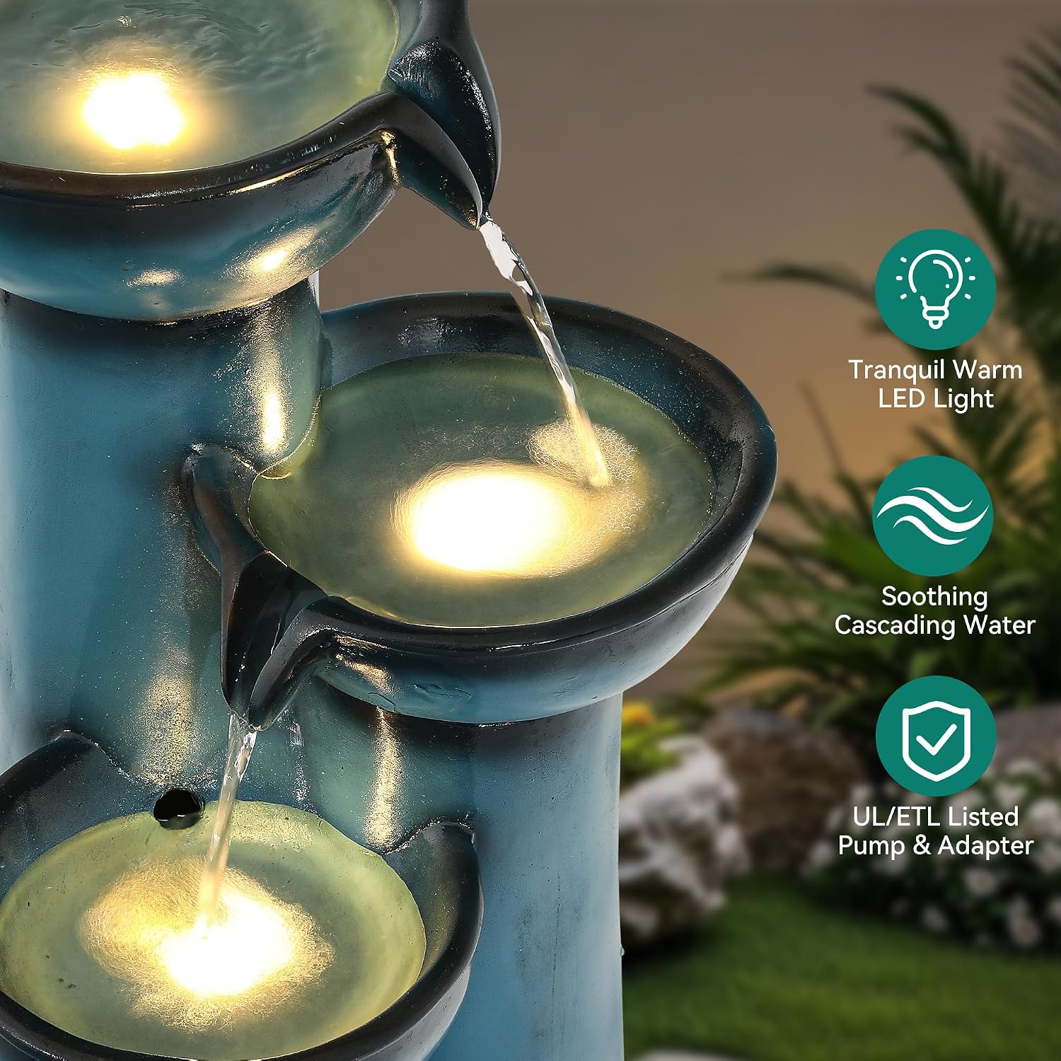 27' Outdoor Water Fountain with LED Lights, 3-Tier Cascading Faux Ceramic Column Water Feature with Pump for Garden Patio Backyard, Weather-Resistant Resin Waterfall for Serene Oasis, Blue