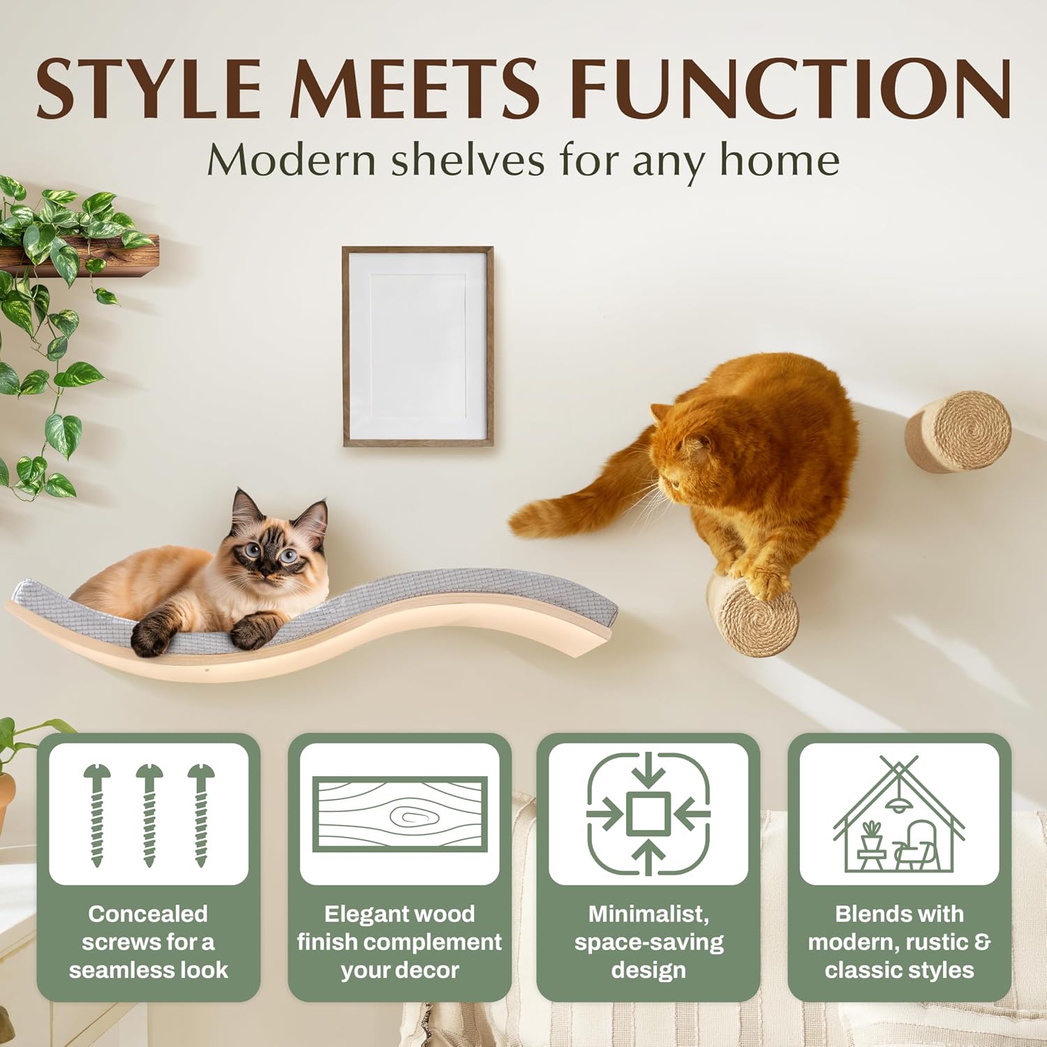 Extra Large 35.4' × 11.6' Stylish Cat Wall Shelves with Soft Cushion, Modern Wall-Mounted Cat Tree Furniture & Perch, Sturdy/Hidden Mounts, Machine Wash Cover, Sleek Design- CALLICO HAVEN Wave S-Shape