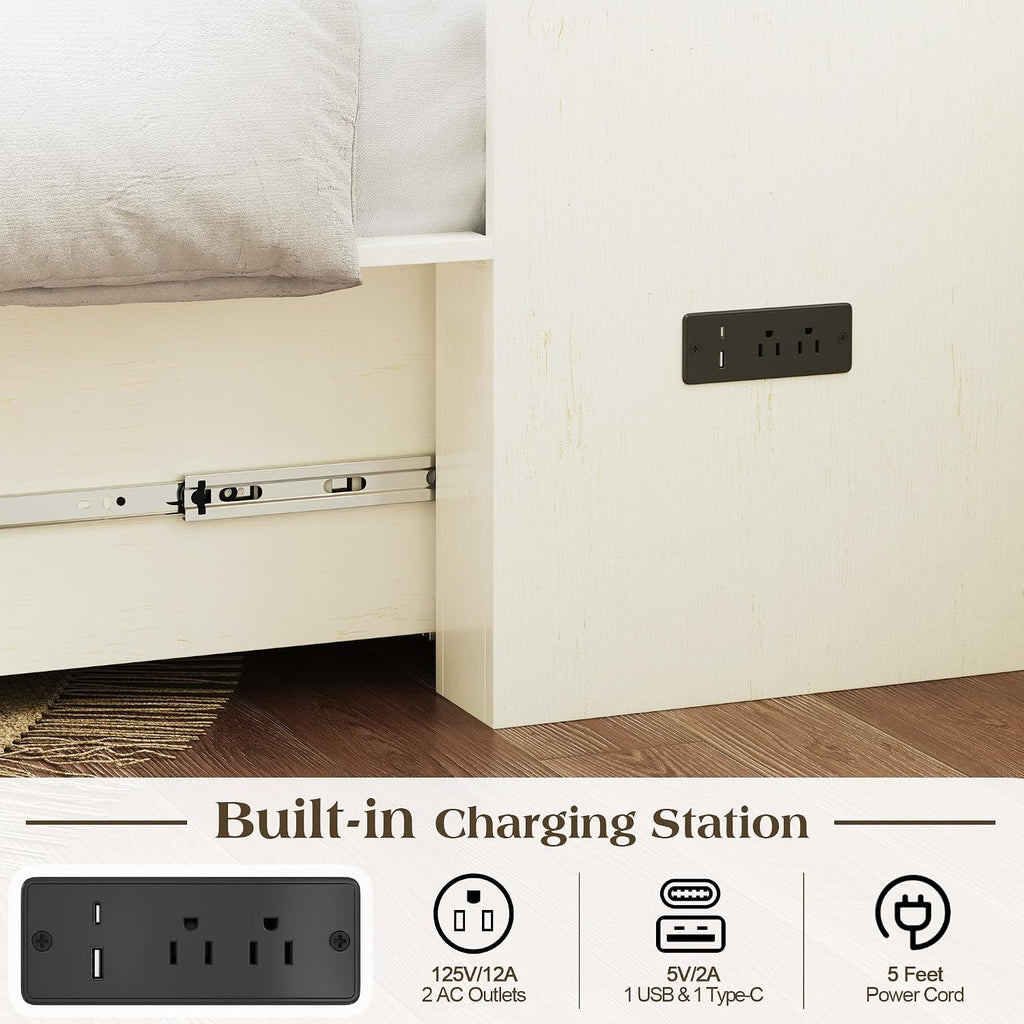 LUXOAK Twin Murphy Bed with 6' Tri-Fold Memory Foam Mattress, Storage Drawer & Charging Station, Space-Saving Design for Home Office or Guest Room, White