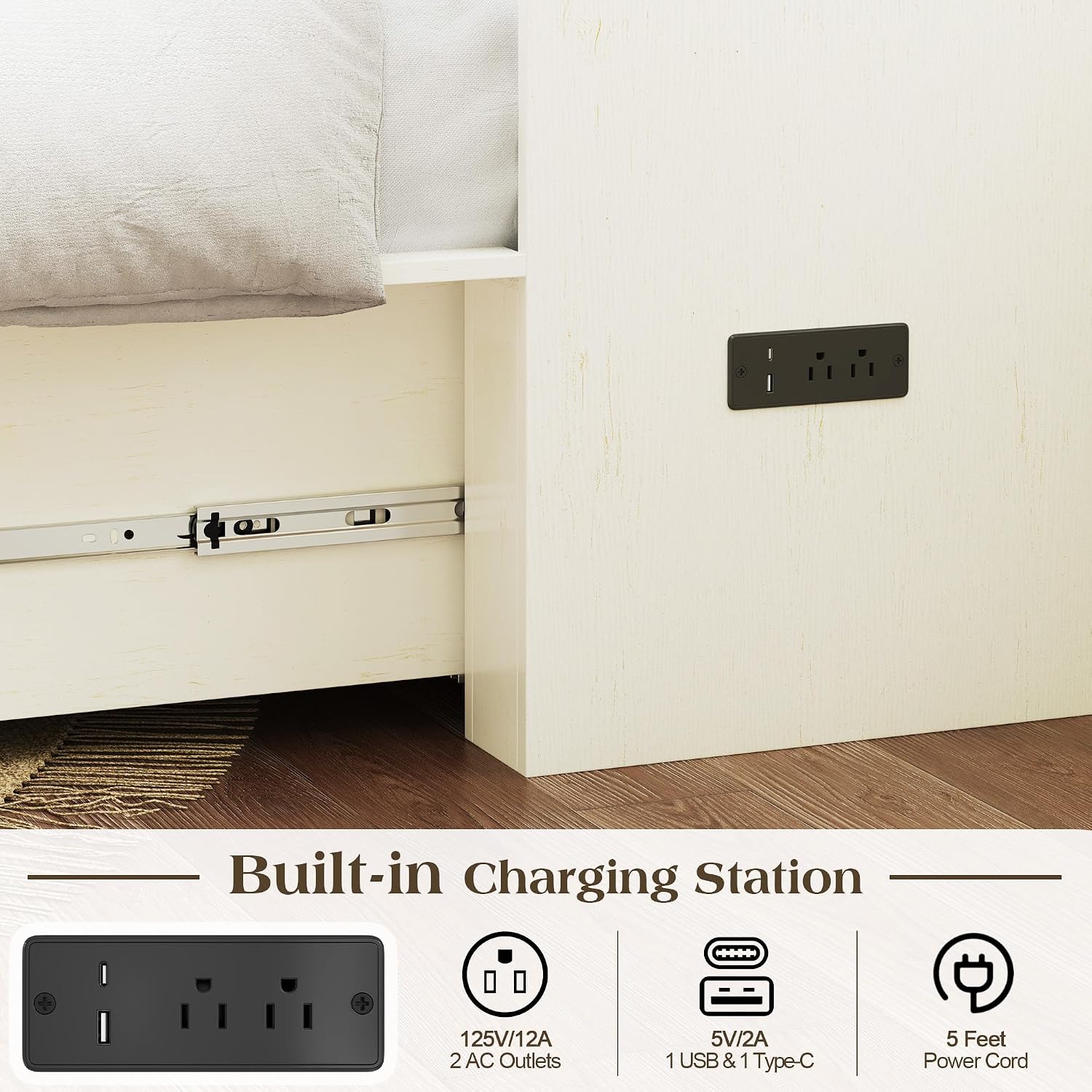 LUXOAK Twin Murphy Bed with 6' Tri-Fold Memory Foam Mattress, Storage Drawer & Charging Station, Space-Saving Design for Home Office or Guest Room, White