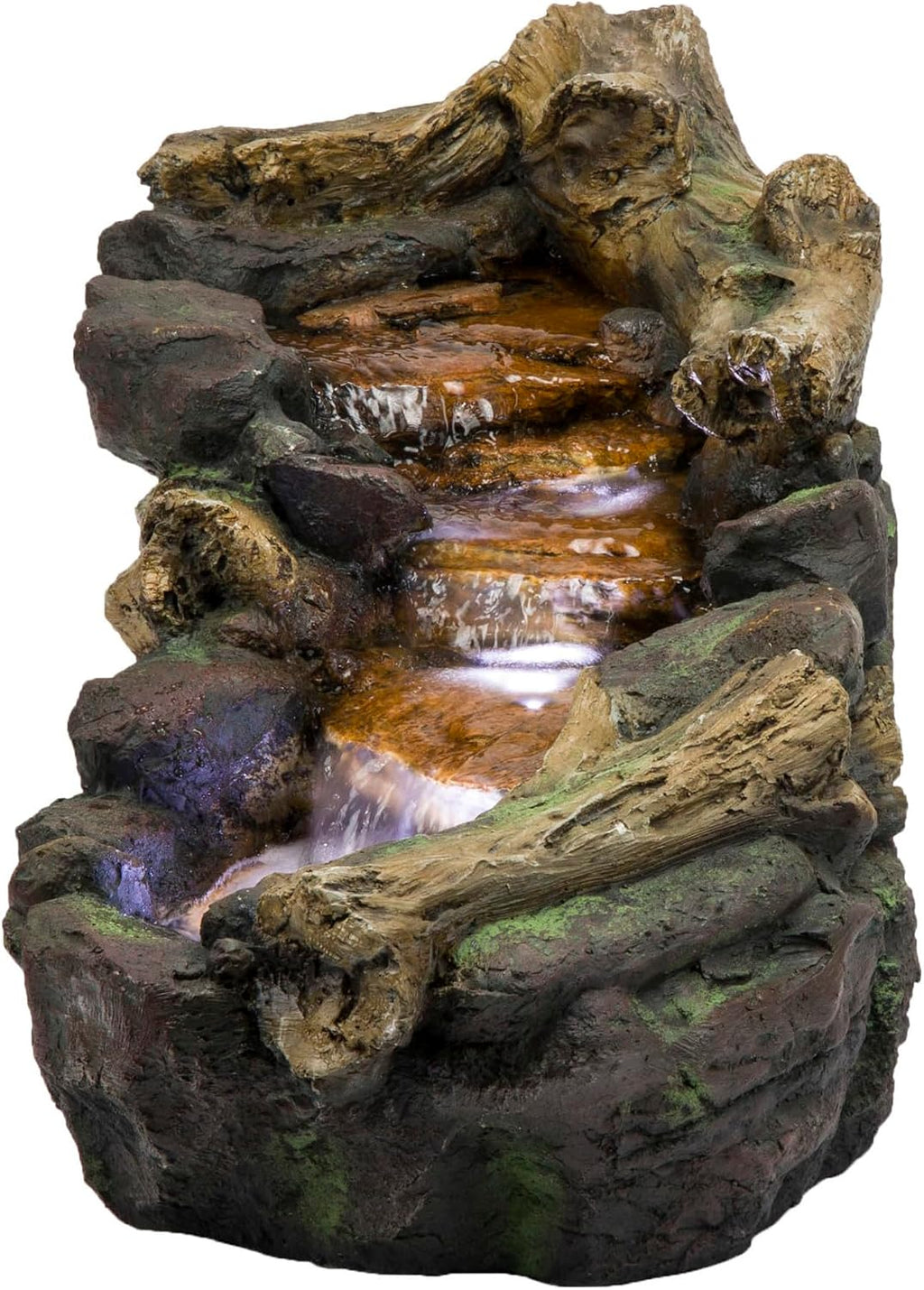 Alpine Corporation TZL296 41' Long Indoor/Outdoor River Rock and Log Fountain with LED Lights – Outdoor Water Feature for Garden, Patio, and Home Décor, Brown