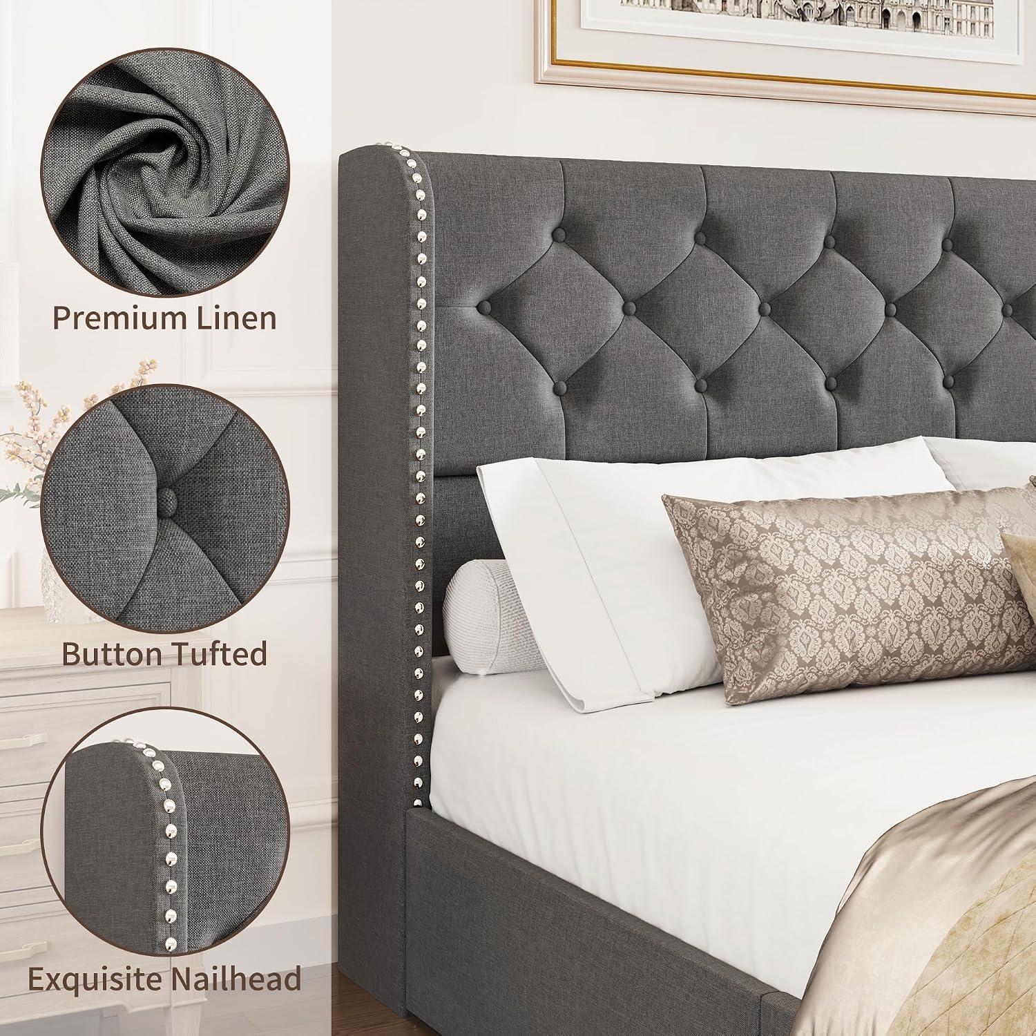 BRELTAM Queen Size Bed Frame with Storage Drawers and Wingback Headboard Linen Upholstered Platform Bed Frame Tufted Beds with Heavy Duty Wood Slats, Noise Free, Easy Assembly, Grey
