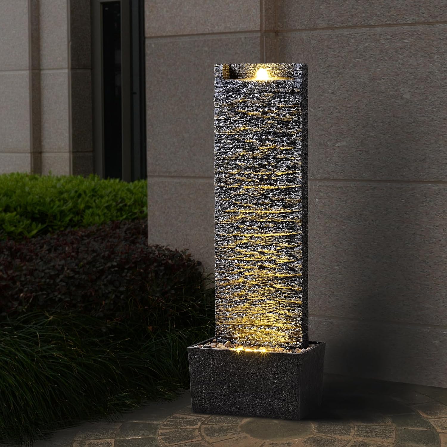 Water Fountain Outdoor, Floor Standing LED Illuminated Water Flow Elegant Water Fountain Pump 38.5' with Pebble Base for Garden, Patio and Yard (24372)