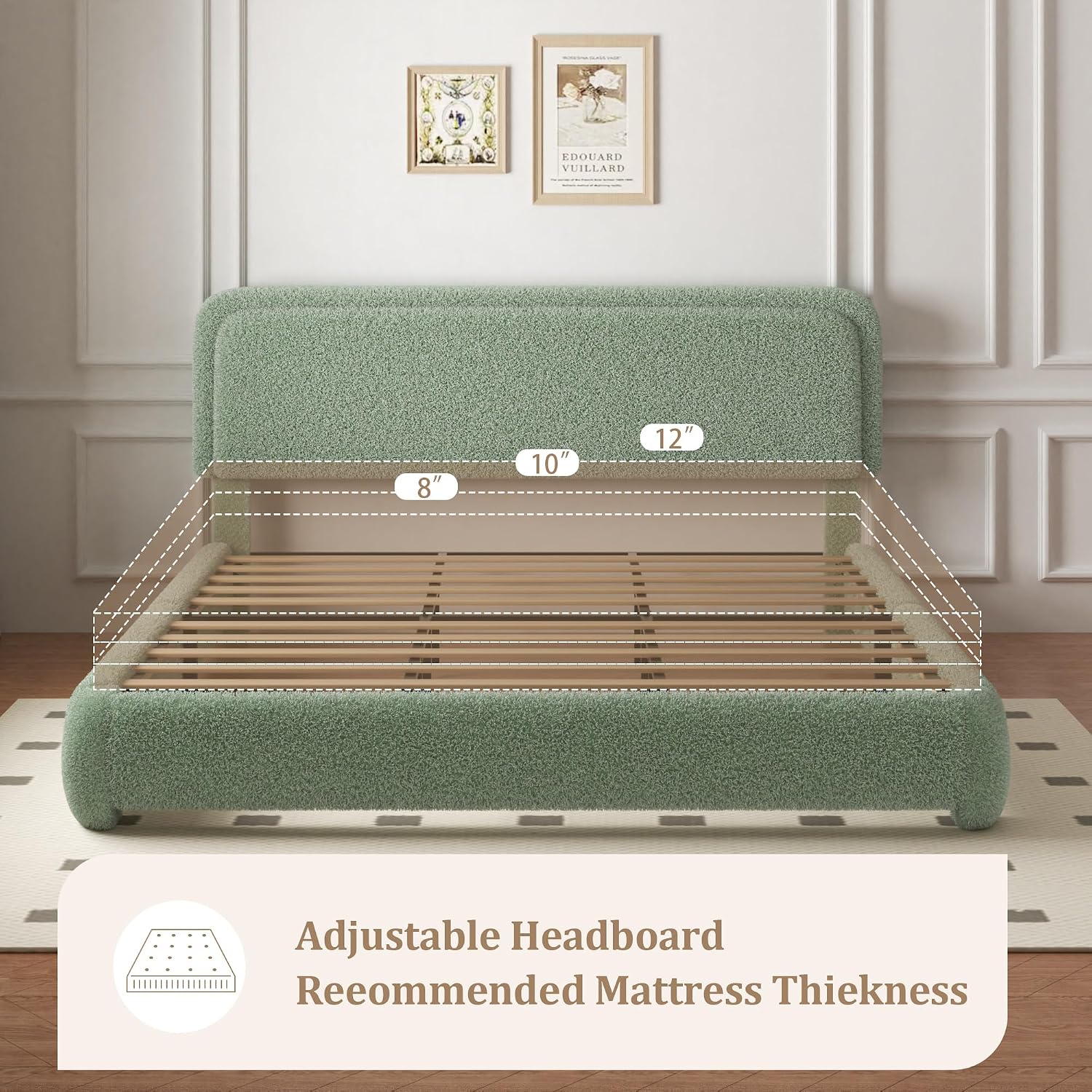 Queen Boucle Platform Bed Frame with Adjustable Headboard, Upholstered Cloud Queen Bed, Anti-Collision Soft Rounded Corners, No Box Spring Needed, Noise Free, Easy Assembly, Green