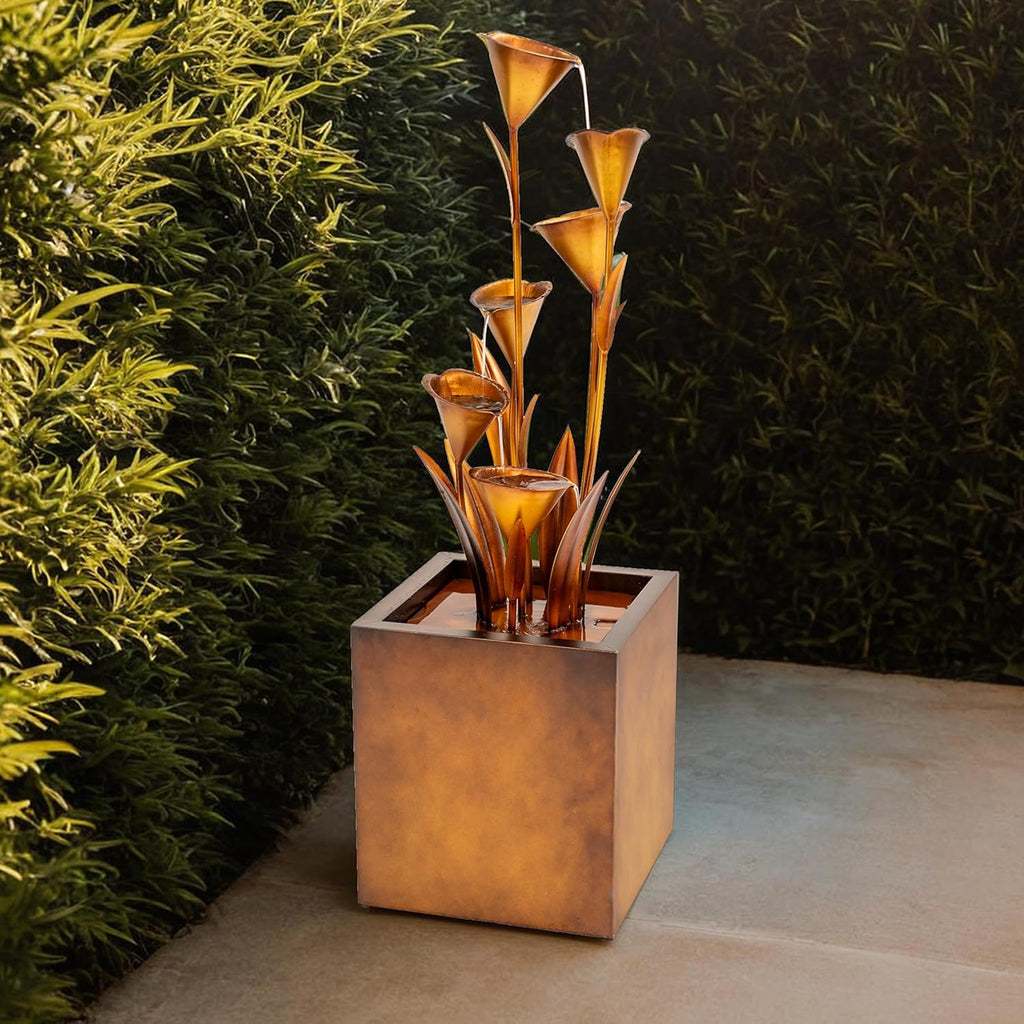 XBrand 46' Tall Bronze Metal Sculptural Flower Multi-Tier Freestanding Water Fountain Without LED Lights