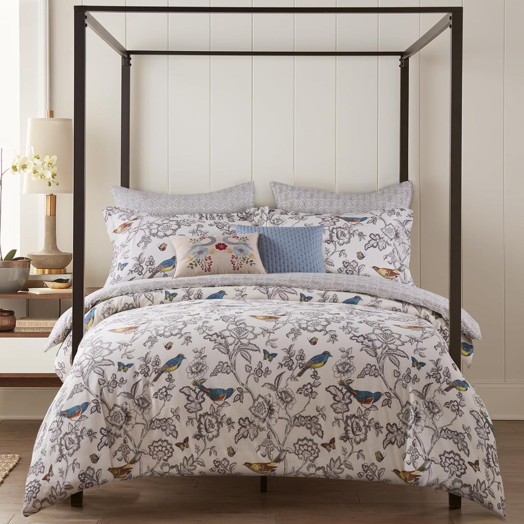 Levtex Home Mockingbird Reversible Full/Queen Comforter Set (90x94in) with 2 Pillowcases (26x20in) - Floral Birds - Charcoal - Cotton Queen Size Comforter Set - Lofty, Soft, Pre-Washed