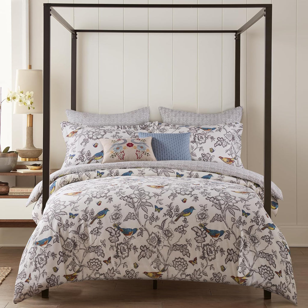 Levtex Home Mockingbird Reversible Queen Duvet Cover Set (90x94in) with 2 Pillowcases (26x20in) - Floral Birds - Charcoal - 100% Cotton Queen Size Duvet Cover Bedding Set - Soft, Pre-Washed