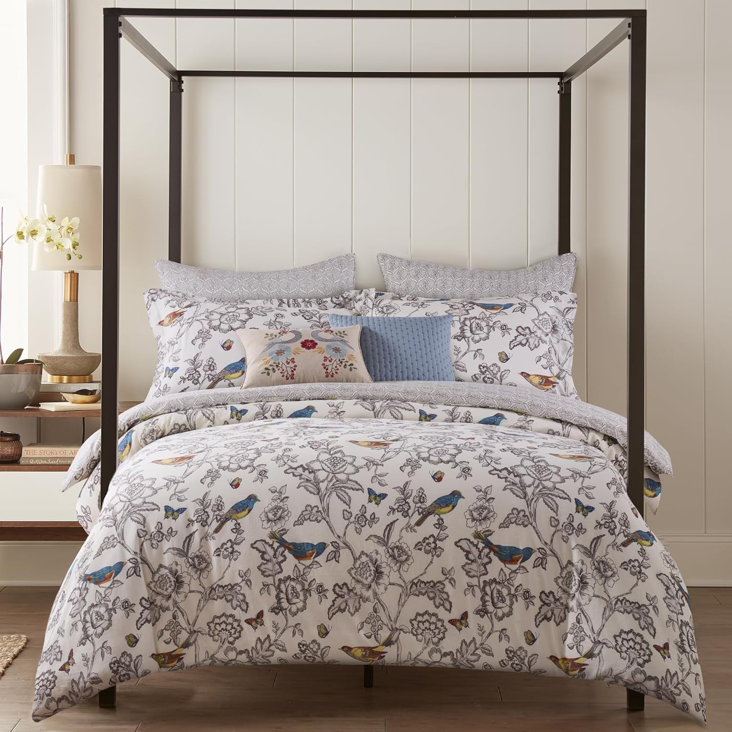 Levtex Home Mockingbird Reversible King Duvet Cover Set (106x94in) with 2 Pillowcases (36x20in) - Floral Birds - Charcoal - 100% Cotton King Size Duvet Cover Bedding Set - Soft, Pre-Washed