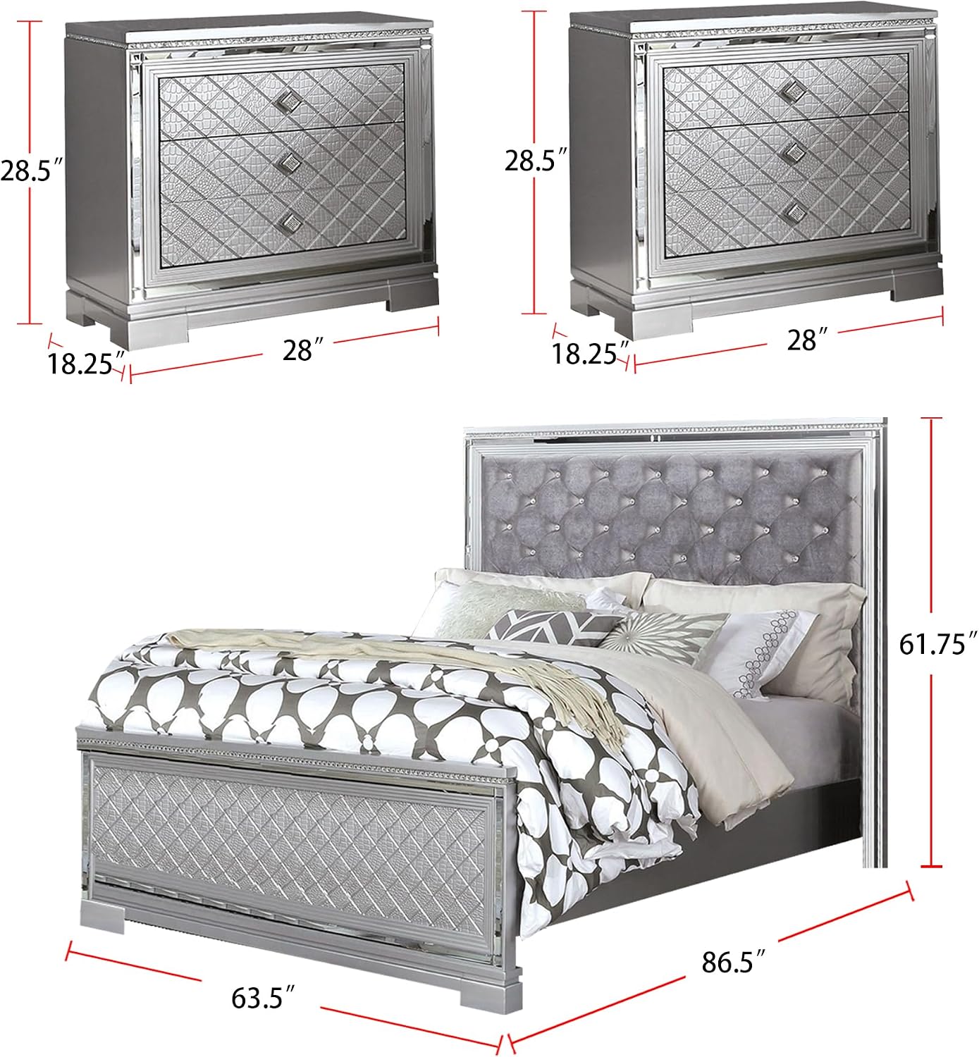 simple relax 5 Piece Queen Size Bedroom Set, Silver