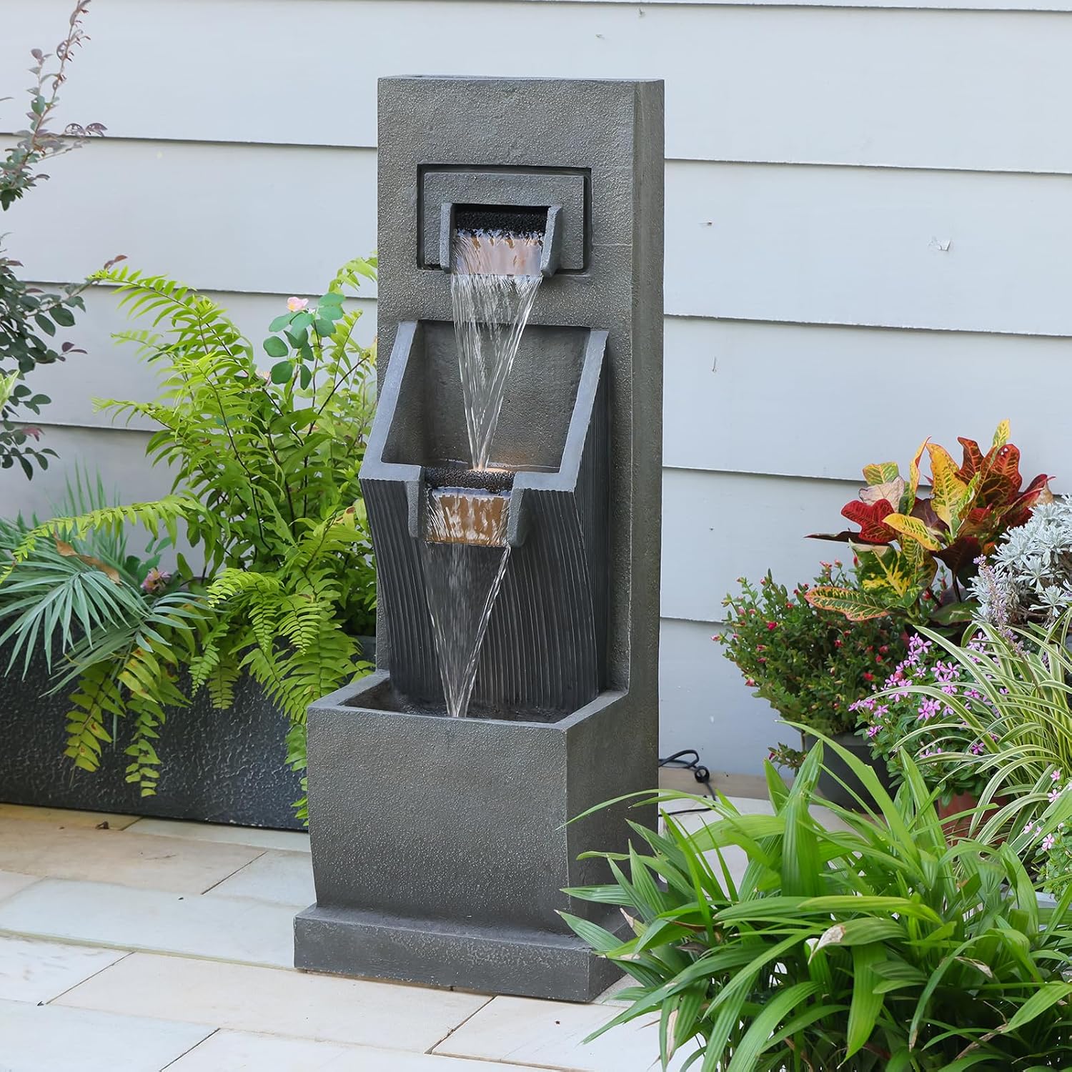 Sunlinua 35H Modern Outdoor Water Fountain with 3-Tiers Cascading Waterfall Feature for Indoor or Outdoor Cascading Waterfall for Relaxing Garden Patio Backyard Deck Porch or Home Décor