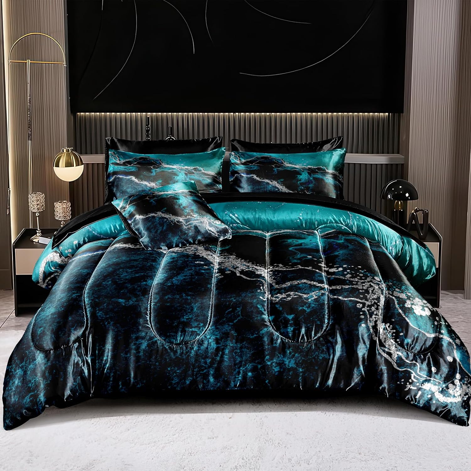 Bedorm Blue Marble Comforter Set King Silky Satin Bed in A Bag Black Marble Stone Abstract Texture Silk Like Black Satin Bedding Set with Comforter and Sheet Set