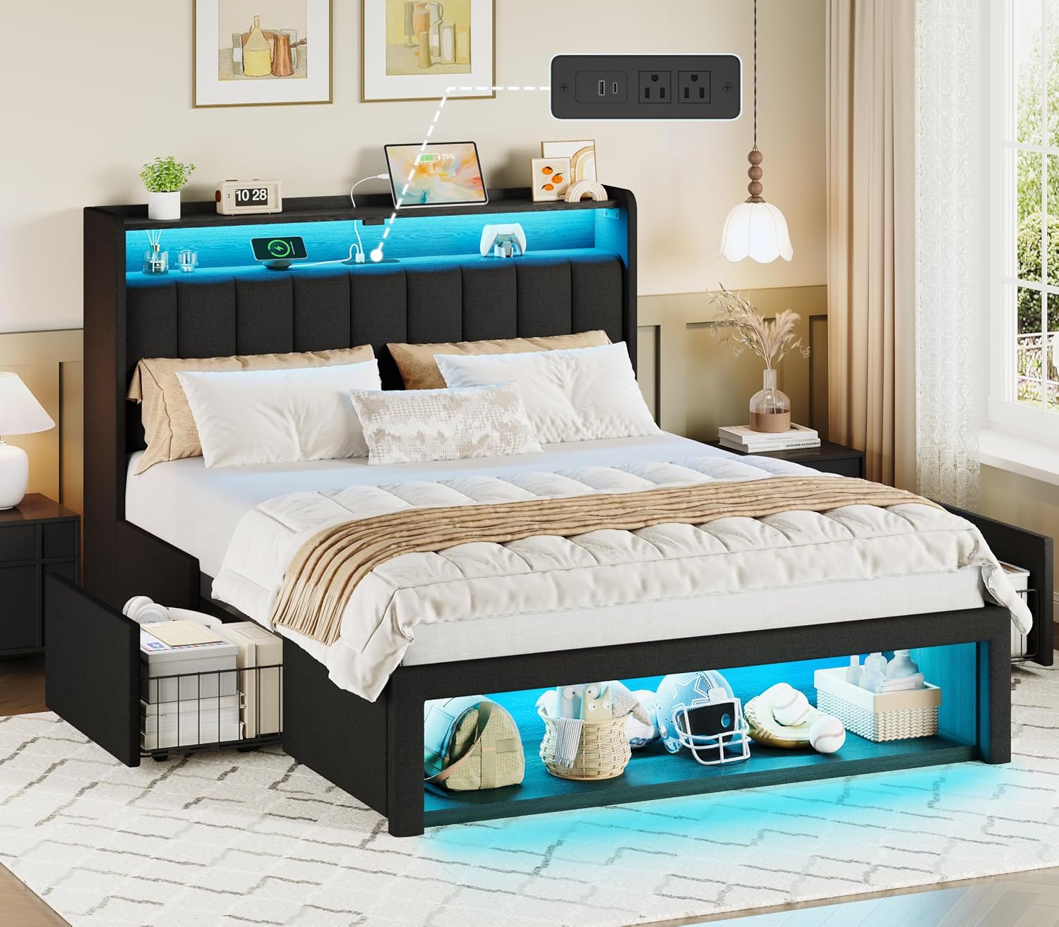 ChicZhiNest Queen Size Platform Bed Frame with Charging Station, LED Storage Headboard with 2-Tier Shelves and Drawers on Wheels, Strong Wooden Slats & Large Footboard Cubbies, Noise Free, Black