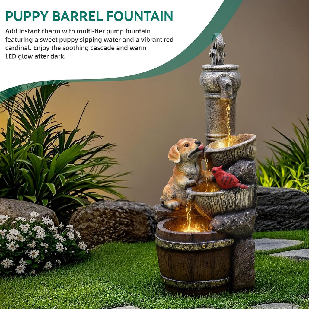 30' Puppy & Red Bird Outdoor Fountain, 3-Tier Pastoral Water Feature with LED Lights, Resin Two Bowls & Wooden Barrel Soothing Cascading Waterfall for Patio, Backyard, Garden