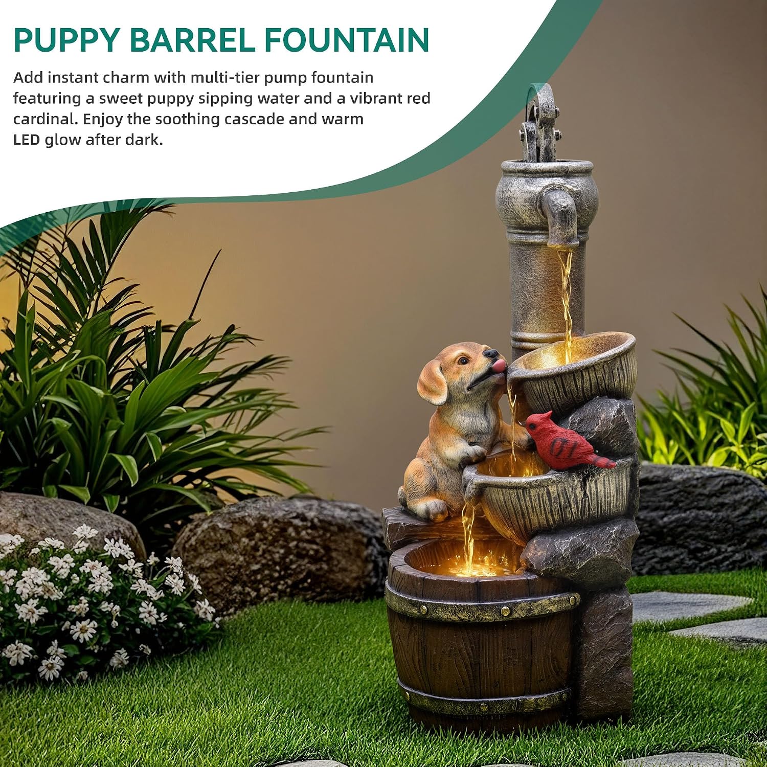 30' Puppy & Red Bird Outdoor Fountain, 3-Tier Pastoral Water Feature with LED Lights, Resin Two Bowls & Wooden Barrel Soothing Cascading Waterfall for Patio, Backyard, Garden
