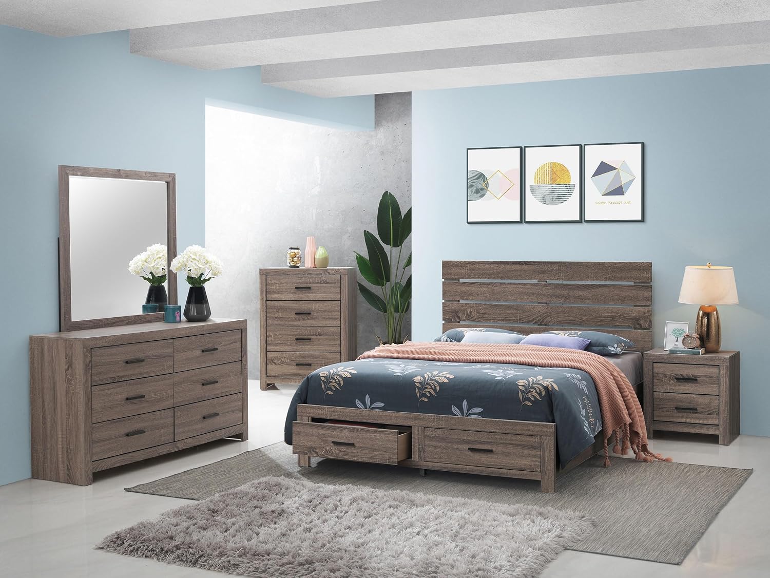 Coaster Home Furnishings Brantford Farmhouse 5-Piece Bedroom Set Queen Size Storage Panel Bed Frame 49-inch Headboard Barrel Oak 207040Q-S5