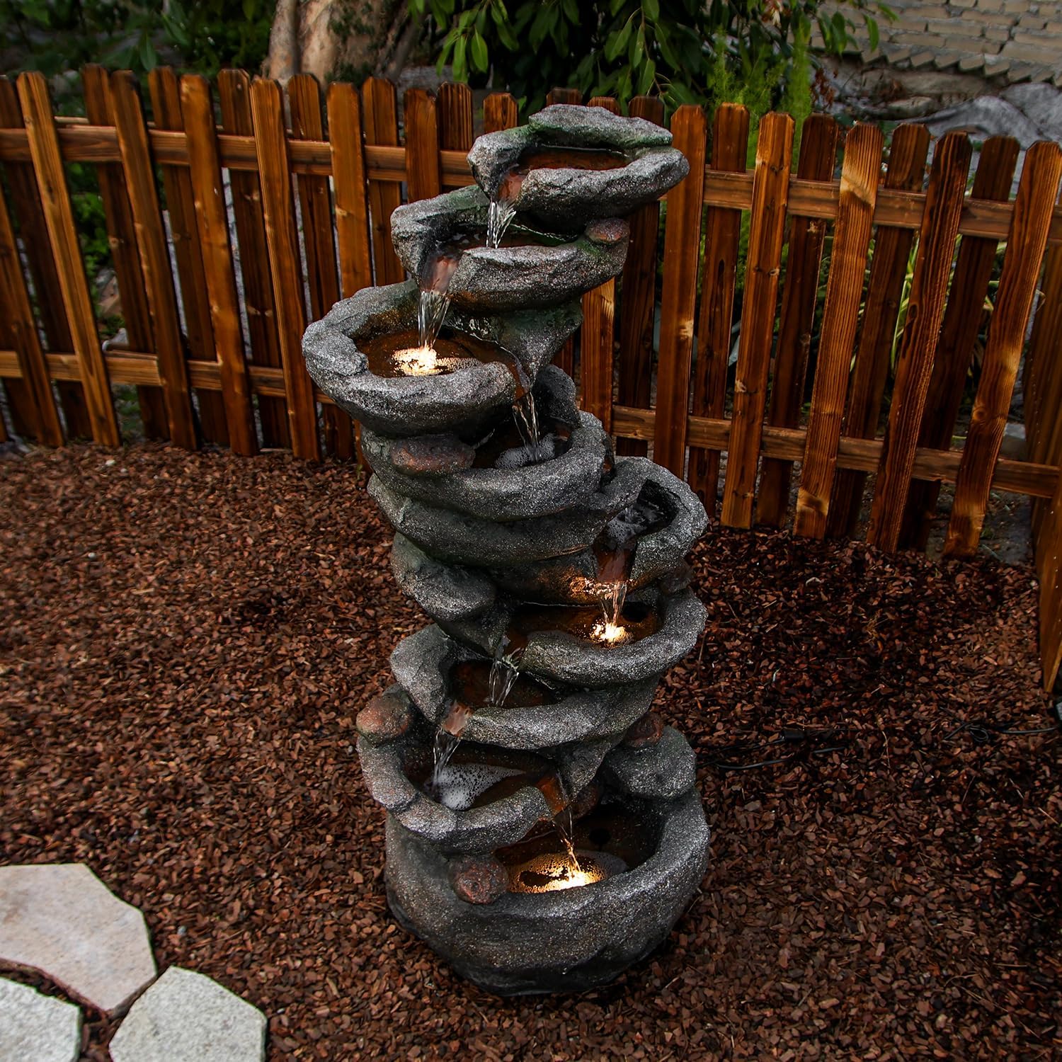 YZM 10-Tier Cascading Rock Water Fountain Outdoor Garden Waterfall Fountains Patio Backyard Deck Porch Pond Art Decor for Outside 39.76' H Outdoor Feature with LED Lights