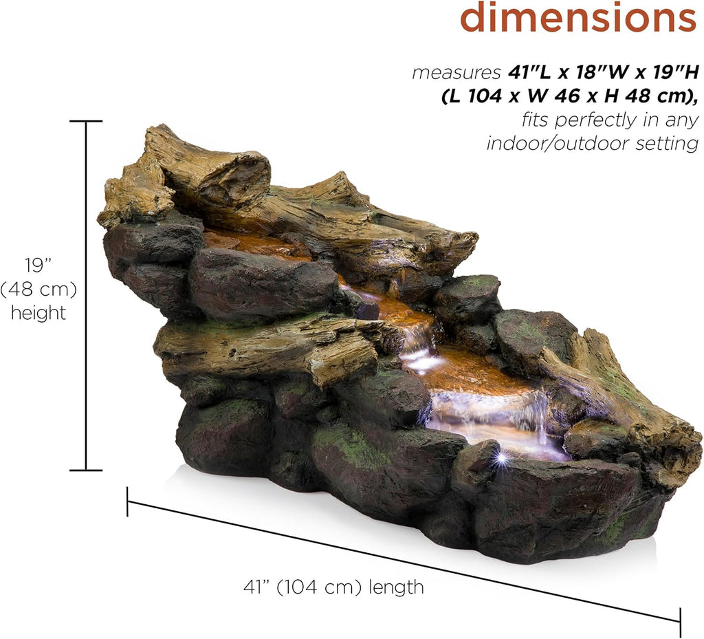 Alpine Corporation TZL296 41' Long Indoor/Outdoor River Rock and Log Fountain with LED Lights – Outdoor Water Feature for Garden, Patio, and Home Décor, Brown