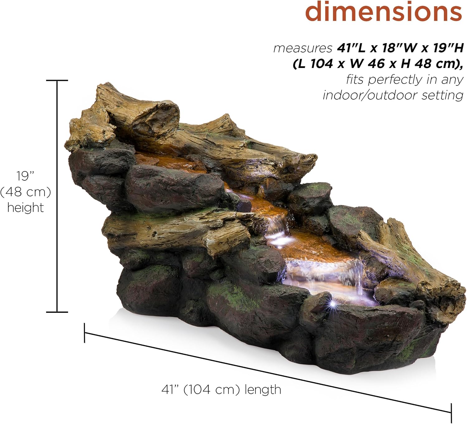 Alpine Corporation TZL296 41' Long Indoor/Outdoor River Rock and Log Fountain with LED Lights – Outdoor Water Feature for Garden, Patio, and Home Décor, Brown