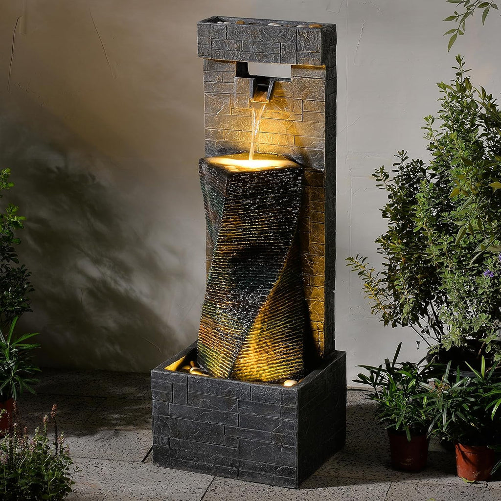 39.8'' Tall Modern Spiral Waterfall Fountain Outdoor/Indoor Water Fountain Resin Stone-Like Water Feature with LED Lights for Outside, Garden, Patio, Porch, Deck, Backyard, Home Decor